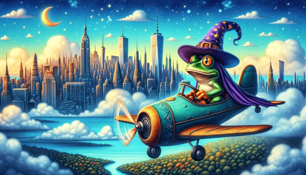 DALL-E 3で「魔法使いの帽子をかぶったカエルが飛行機に乗ってニューヨークに行く」のプロンプトで生成した画像です。