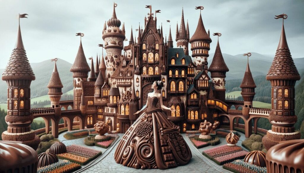 DALL-E 3で「チョコレートでできた城に住むプリンセス」のプロンプトで生成した画像です。